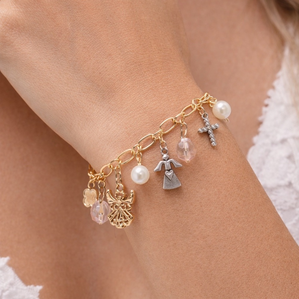 Gold Tone Cross Angel Anchor Bracelet